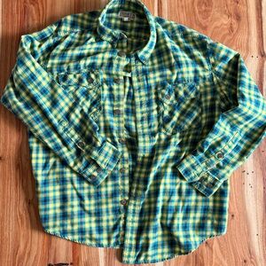 Duluth Trading Co Men's Yellow and Blue Plaid Shirt
